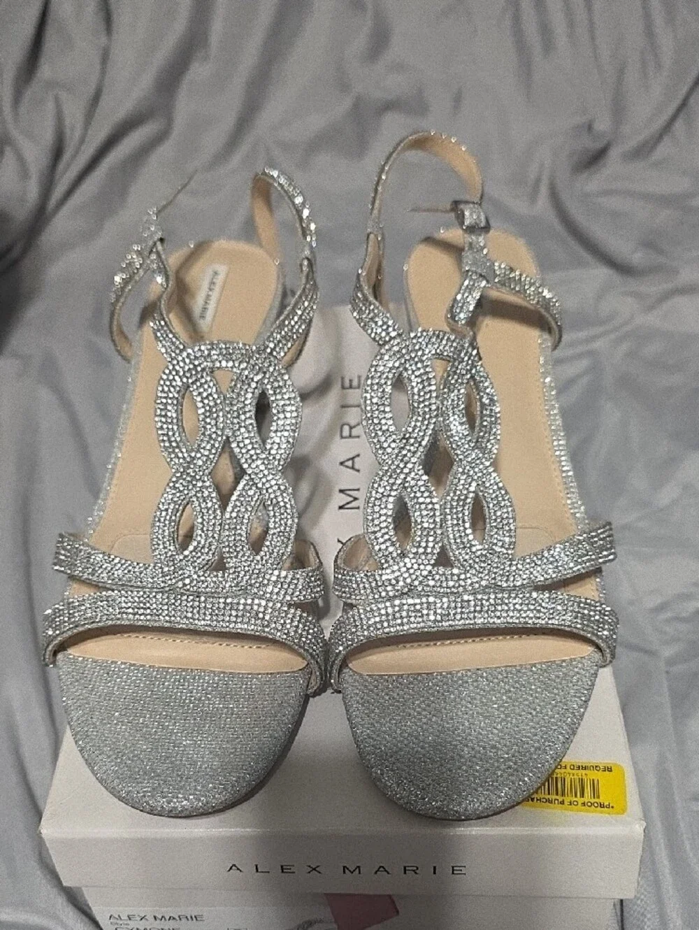 Alex Marie Silver Rhinestone T-Strap Block Heel Sandals